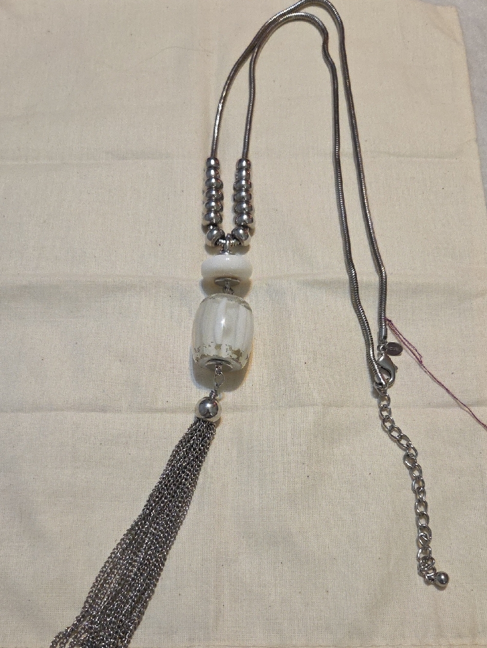 Silver-Tone White Bead Tassel Necklace - Women Jewelry